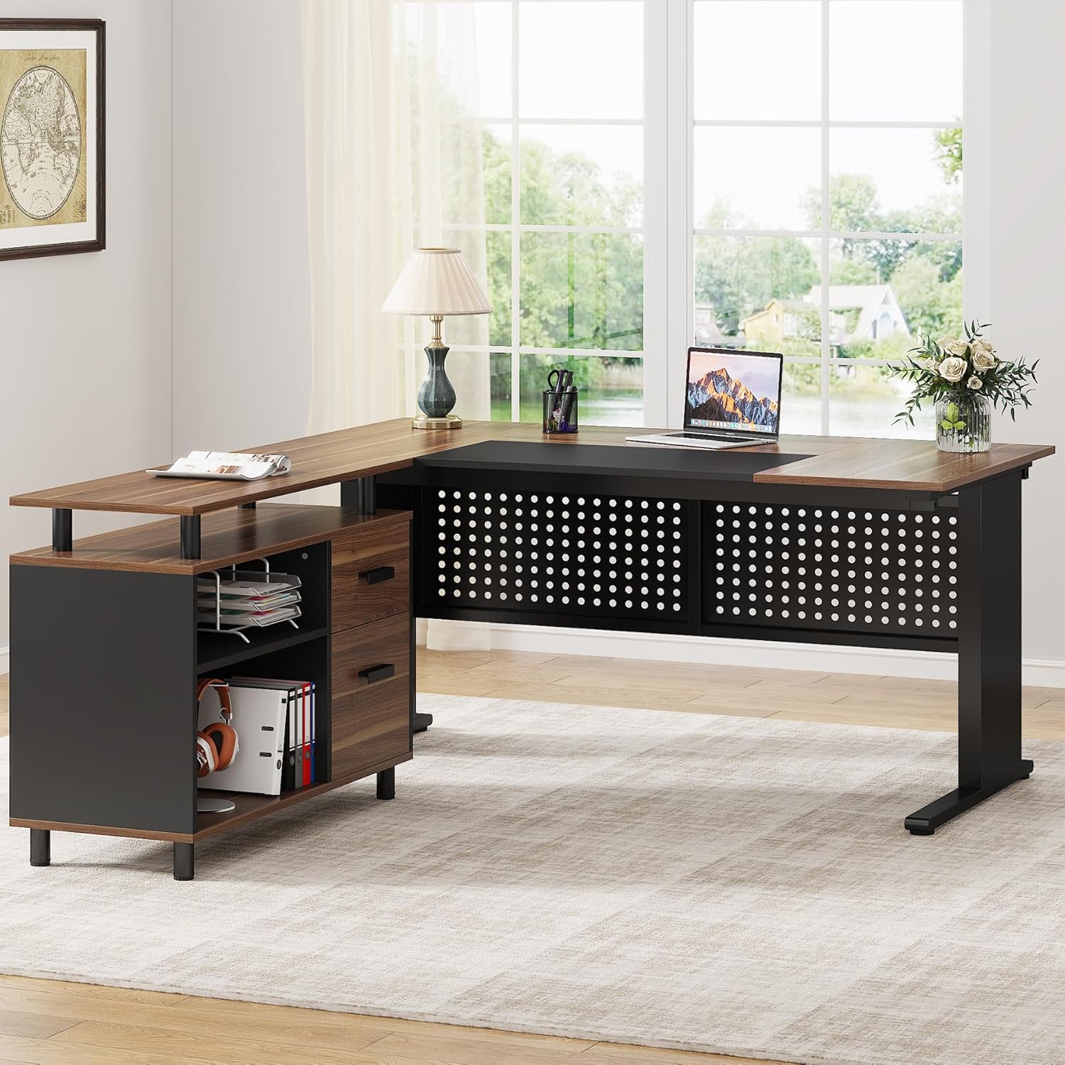 Large Computer Desk with File Cabinet, 63 Inch Executive Desk L Shaped Office Desk, Business Furniture Desk Workstation for Home Office, Brown and Black