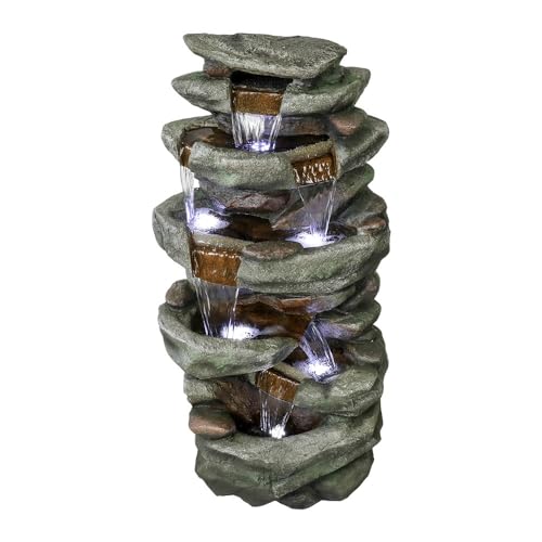 SunJet 40" High 6-Tiers Cascading Rock Outdoor Water Fountain with LED Lights - Large Outdoor Fountains and Waterfalls for Garden or Patio, Yard, and Deck Decor, Featuring Natural Stone Look