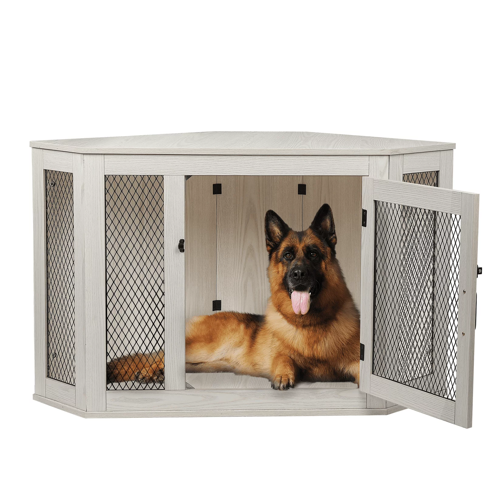 Waleaf Corner Dog Crate Furniture, Wooden Corner Dog Kennel Side End Table with Metal Mesh,Indoor Pet Crates Corner Side Table for Small Medium Large Dogs