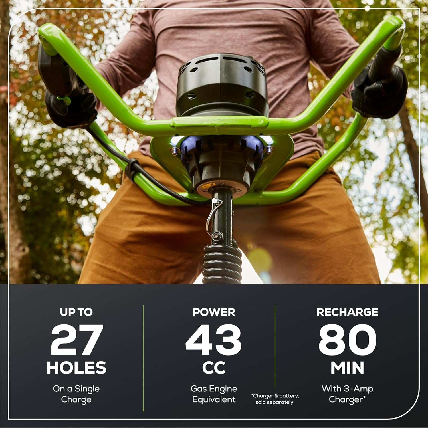 Greenworks Pro 60V Brushless Earth Auger | Post Hole Digger Great for Fences, Gardening, Planting Without Auger Bit, 4.0Ah Battery and 3A Charger Included