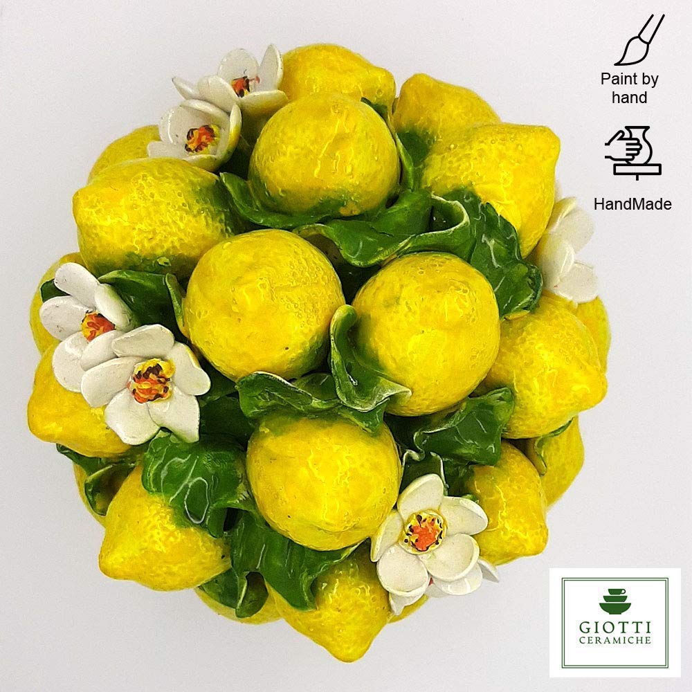 Italian Ceramic Lemons centerpieces for dining room table - 9 inches Tall Hand Made Centerpiece table decorations - Made in ITALY - Italian Pottery decorative fruit basket for kitchen with Lemon