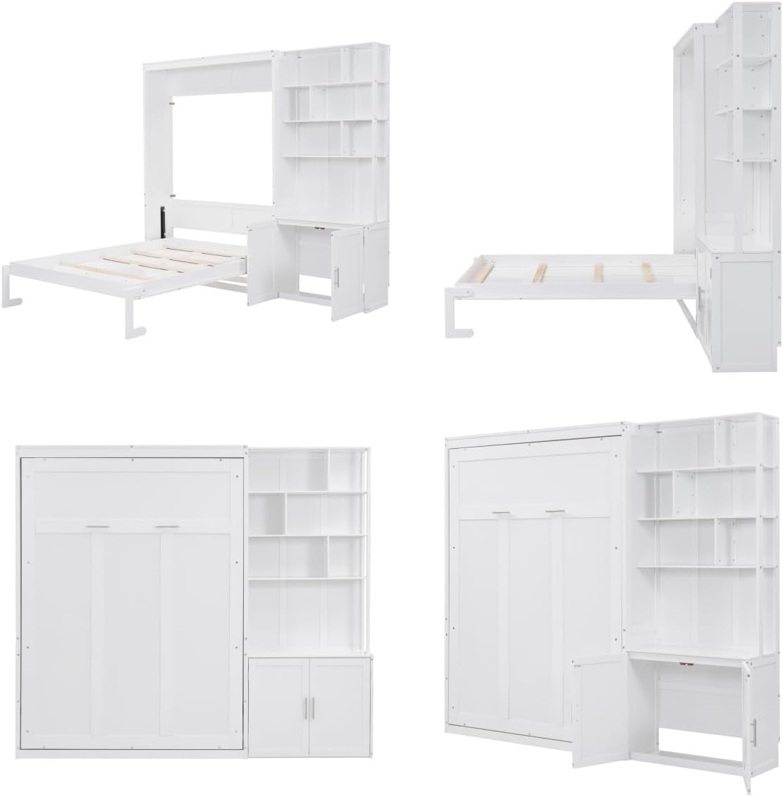 Merax Full Size Murphy Bed Cabinet with Multiple Storage Shelves, Wood Foldable Hidden Wall Platform Bedframe Chest for Home, Bedroom, Office, Small Room, Apartment, white