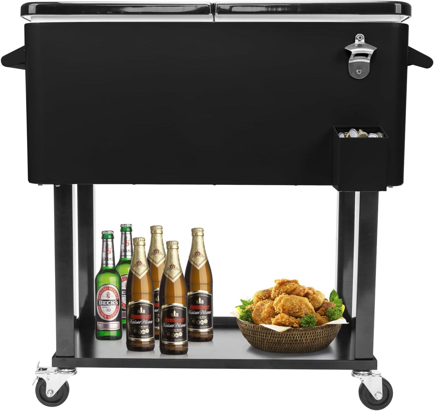 80 Quart Rolling Ice Chest, Portable Patio Party Bar Drink Cooler Cart, with Shelf, Insulated Rolling Cooler Cart with Bottle Opener, Mobile Cooler on Wheels, Rolling Cooler Cart