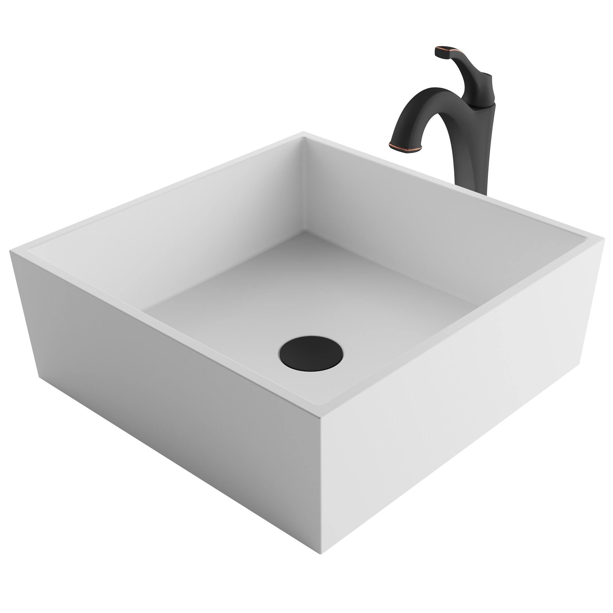 Kraus C-KSV-5MW-1200SFS Natura Series 16 4/5x22 White Matte Solid Surface Square Bathroom Vessel Sink and Spot Free Arlo Faucet