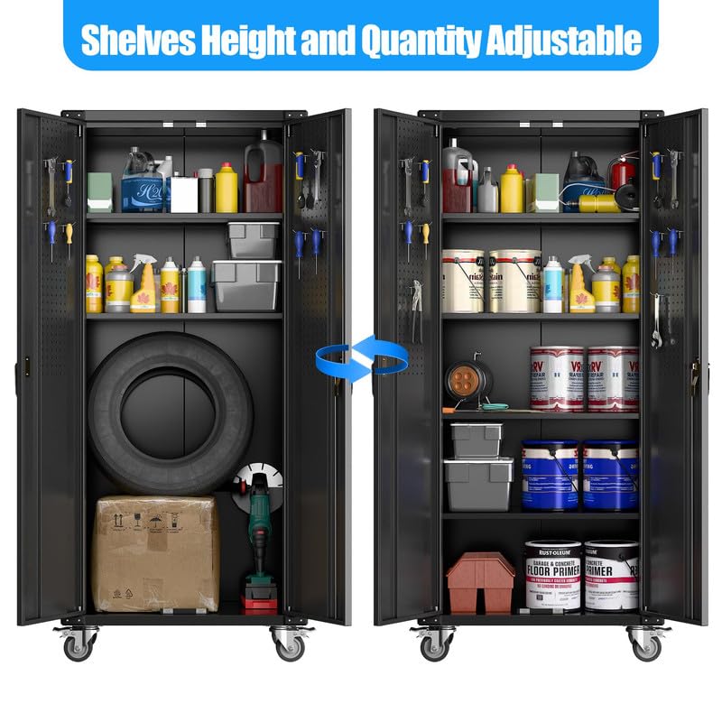 73" H Metal Storage Cabinet with Wheels, Garage Storage Cabinet with 4 Adjustable Shelves and Lockable Doors for Garage Home Office Utility Room,Required Assembly,Black