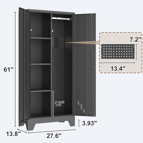 61" H Broom Closet Cabinet, Metal Storage Cabinet with Lockable Doors and Pegboard, Utility Closet for Brooms and Mops, Tool Cabinets for Home Office, Laundry Room, Garage, Workshop