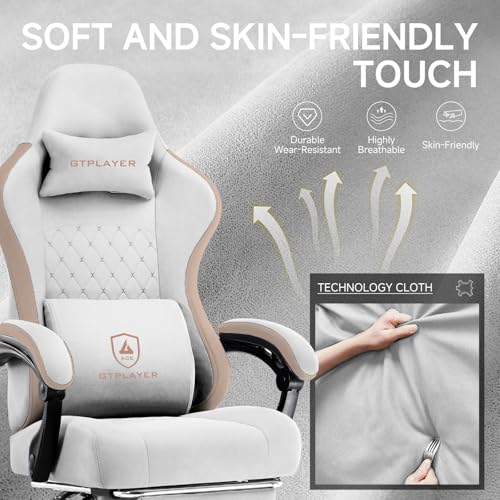 GTPLAYER Office Chair, Gaming Computer Desk Fabric Chair with Footrest, High Back Ergonomic Office Chair with Pocket Spring Lumbar Support and Linkage Armrests Adjustable Height Swivel for Home Task
