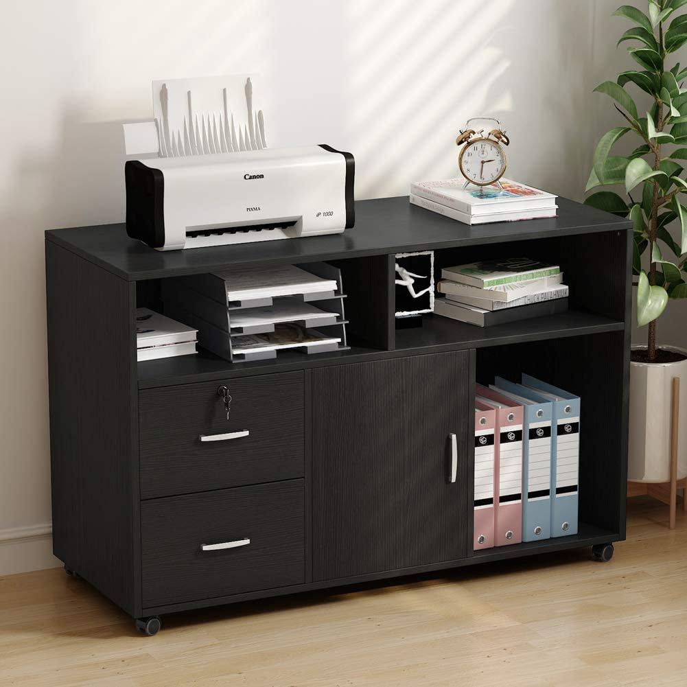 Wood File Cabinet, 2 Drawer Storage Printer Stand, Mobile Lateral Filing Cabinet with Locks and Wheels, Open Storage Shelves for