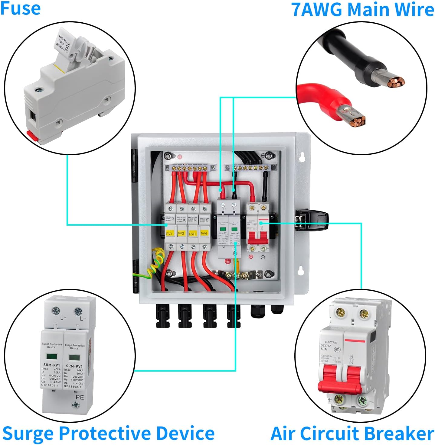 PowGrow PV Combiner Box, 6 String Solar Combiner Box with 15A Rated Current Fuse, Surge Protective Device and 63A Air Circuit Breaker for On/Off Grid Solar Panel System, Pre-Wired Cable, Metal Box