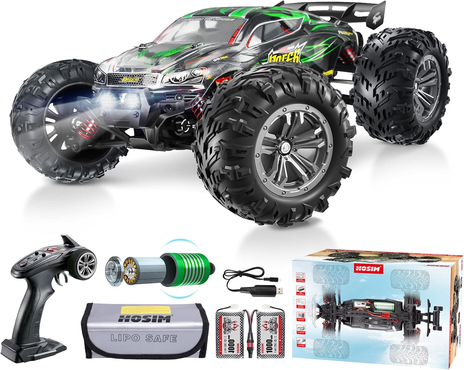 1:16 Brushless RC Cars 55+ kmh High Speed Large Remote Control Car 4x4 Off Road Monster Truck Electric All Terrain Waterproof Toys Hobby Vehicle for Kids and Adults - 2 Batteries for 40+ Min Play