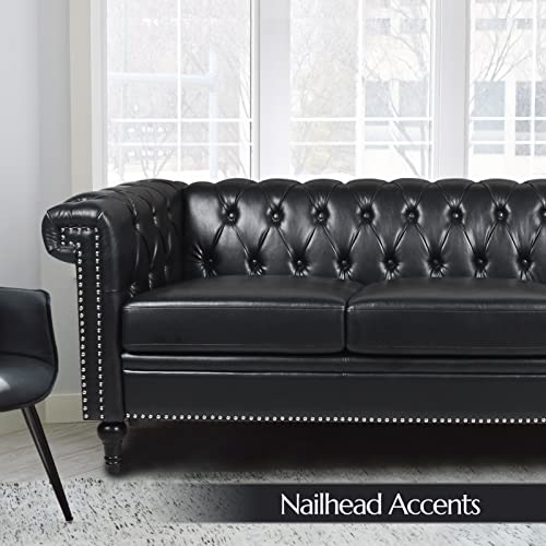 Chesterfield Velvet Sofas for Living Room, Traditional Square Arm 3-Seater Sofa 82.5" Couch Deep Button Nailhead Tufted Blue Upholstered Couches Removable Cushion Easy to Assemble