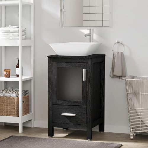 eclife 18" Small Bathroom Vanity Sink Combo Modern Freestanding Cabinet W/Matte Glass Door & Drawer White Round Ceramic Vessel Sink & Water Save Faucet & Pop Up Drain, White (A06)