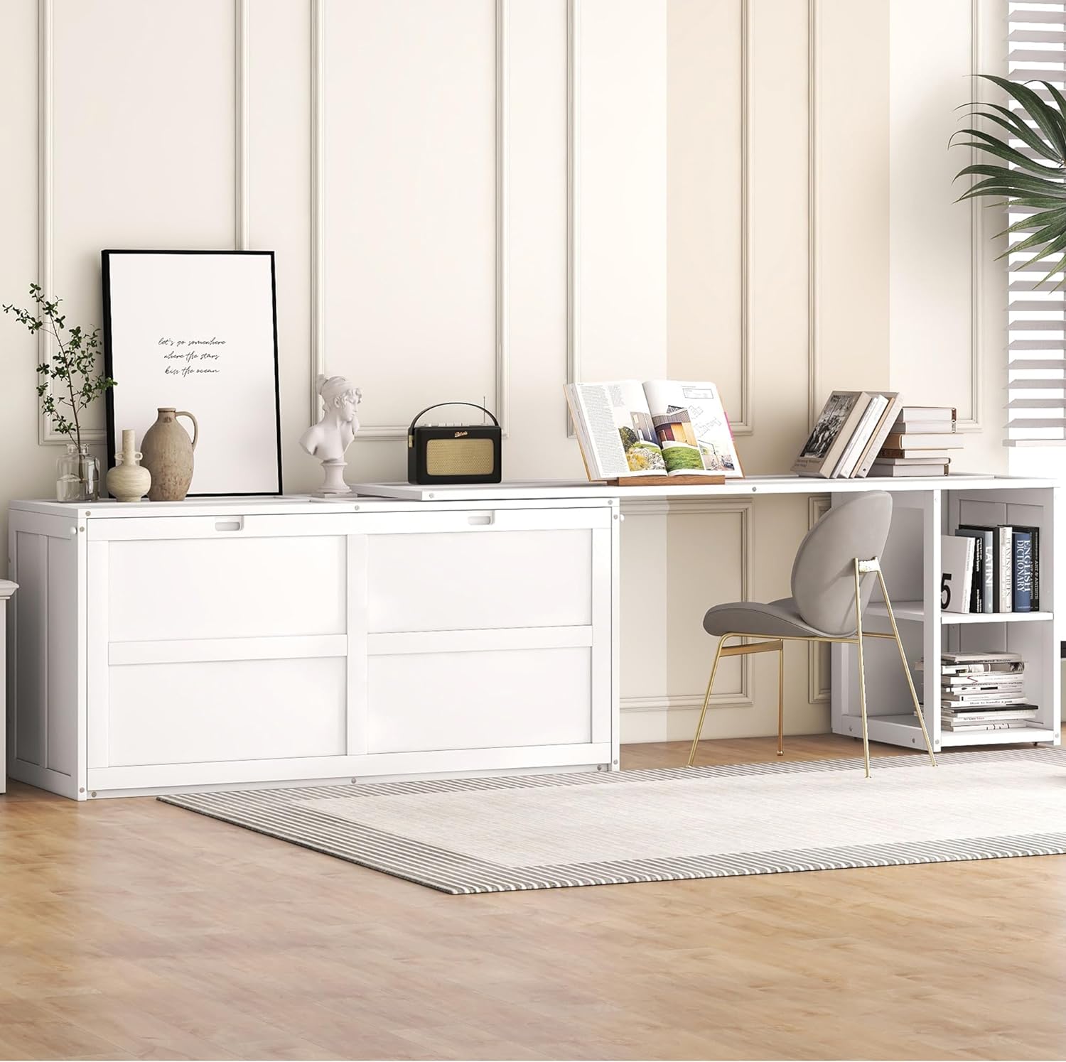 Queen Size Murphy Bed with Rotating Desk, White Finish - Space Saving Furniture 120x80.50x31.70 in.