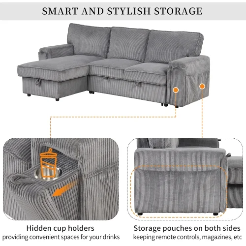 EUROCO 96.1" L-Shape Convertible Sleeper Sectional Sofa with Pull-Out Bed ,Storage Chaise and 2 Cup Holders, Corduroy Upholstered Reversible Corner 3 Person Couch, for Living Room, Apartment,Gray