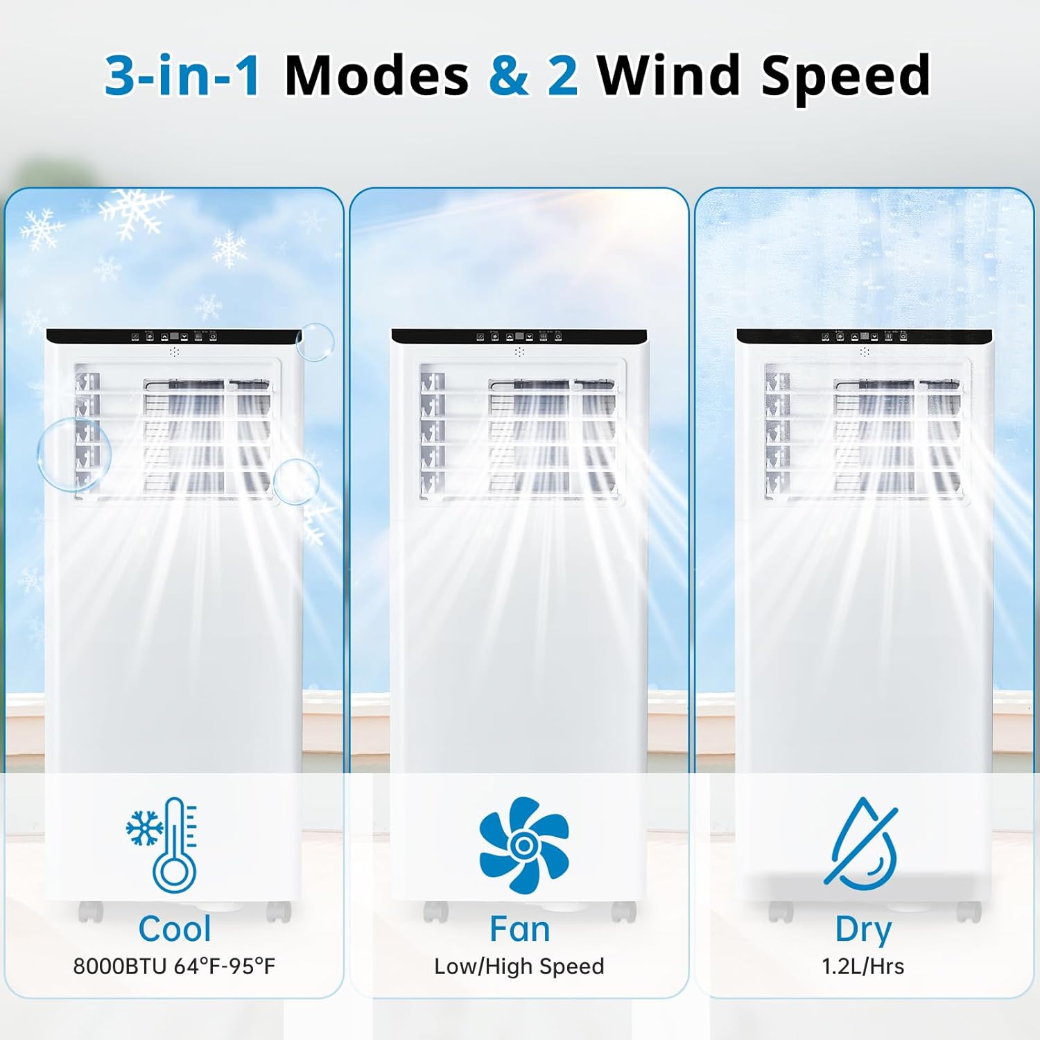 8000BTU Portable Air Conditioners, 3 IN 1 Portable AC Unit with Dehumidifier and Fan, up to 350Sq. Ft. Low Noise For Bedroom, Living Room, Office.