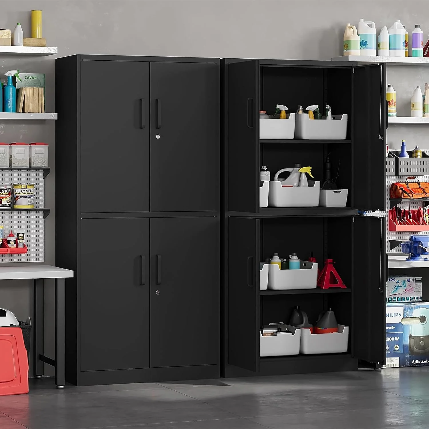 Metal Storage Locking Cabinet with 4 Doors and 2 Adjustable Shelves,71" Lockable Garage Tall Steel Cabinet,for Home Office,Living Room,Pantry,Gym,Commercial Storage (Black)