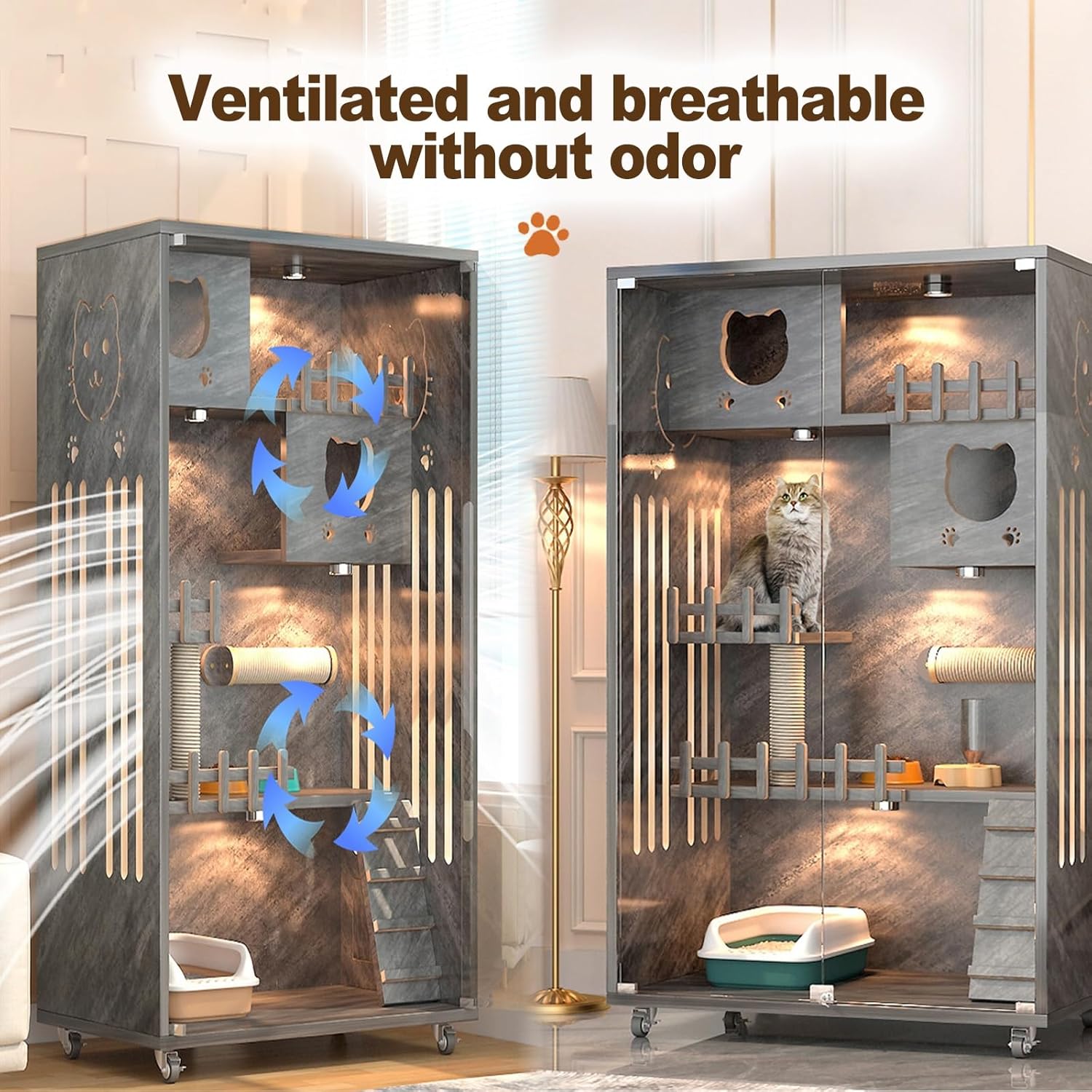 Large Cat Cage Indoor Catio Cat Enclosures, Wooden Cat Cage, Large Space with Scratching Post, Multi-Feature Cat Playpen for Indoor Cats Enclosed for Cats Ventilation Glass Doors