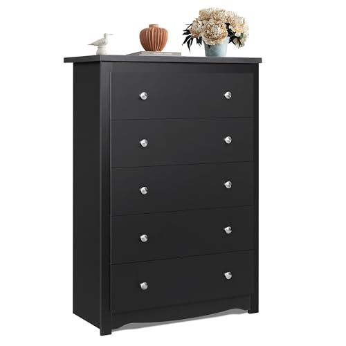 WLIVE Wood Dresser with 5 Drawers, Black Wooden Storage Cabinet, Organizer Drawers for Bedroom, Living Room, Hallway, Measuring 15.75" W * 31.50" D * 45.35" H ﻿