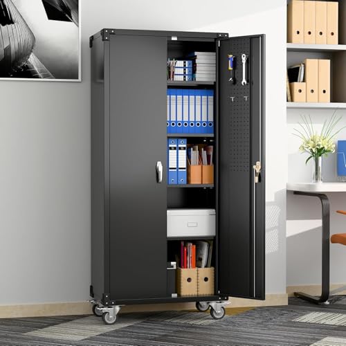 73" H Metal Storage Cabinet with Wheels, Garage Storage Cabinet with 4 Adjustable Shelves and Lockable Doors for Garage Home Office Utility Room,Required Assembly,Black