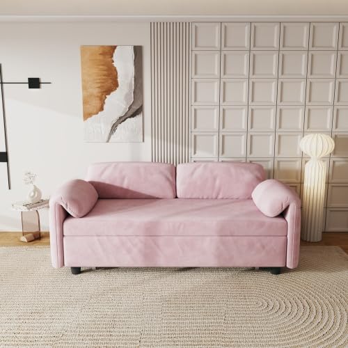 Convertible Pull Out Sofa Couch Bed with Mattress, 54'' Velvet 2-Seater Loveseat Sleeper, Futon Couches Pull Out Bed, Pop Up Daybed Sofa Bed with Storage Pockets for Living Room Small Space (Pink)
