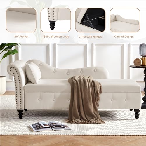 Tufted Velvet Chaise Lounge Indoor with Storage, Button Tufted Chaise with Nailhead Trim, Upholstered Rolled Arm Lounge Chair for Living Room Bedroom Office, Beige