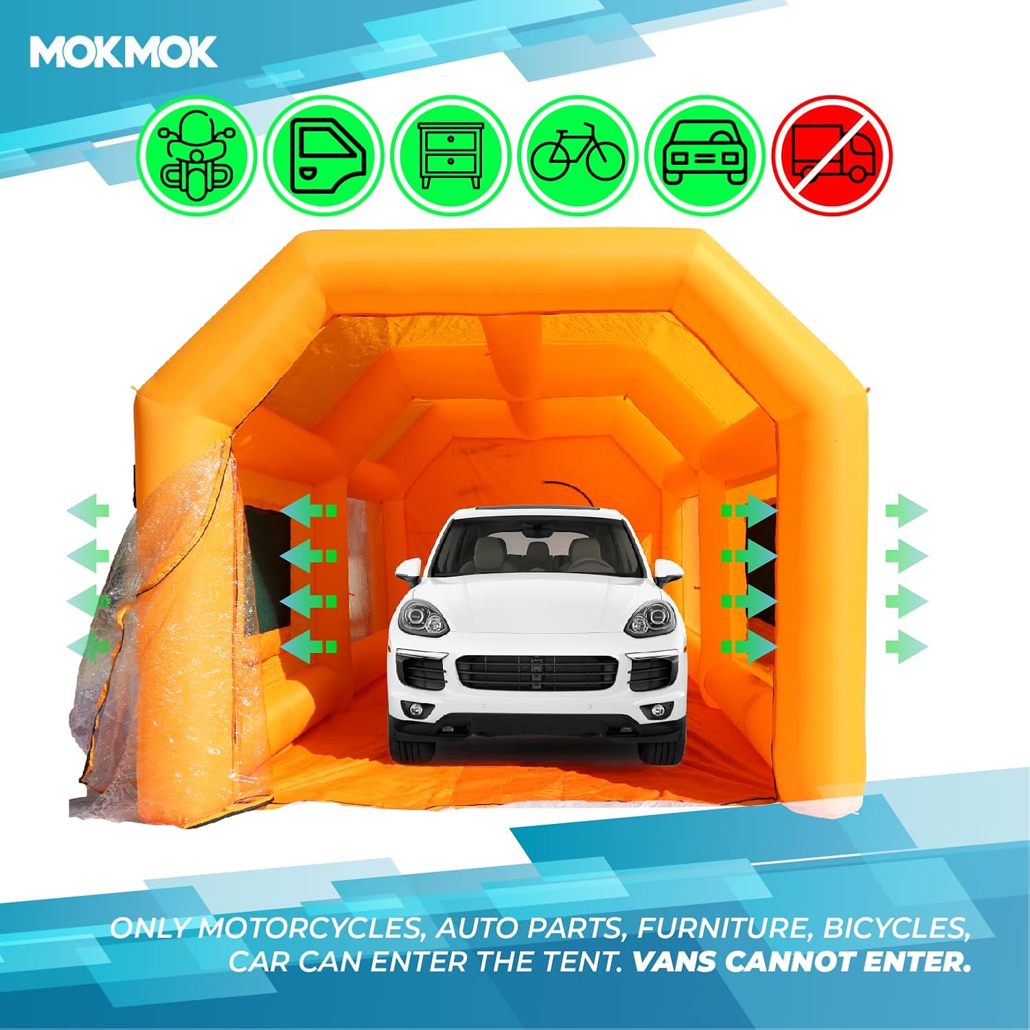 Mokmok Portable Inflatable Paint Booth,26x13x10 Ft Inflatable Spray Booth,Car Paint Tent with Air Filtration System and 2 Blowers,for Small Cars Or Other Small Items Paint.
