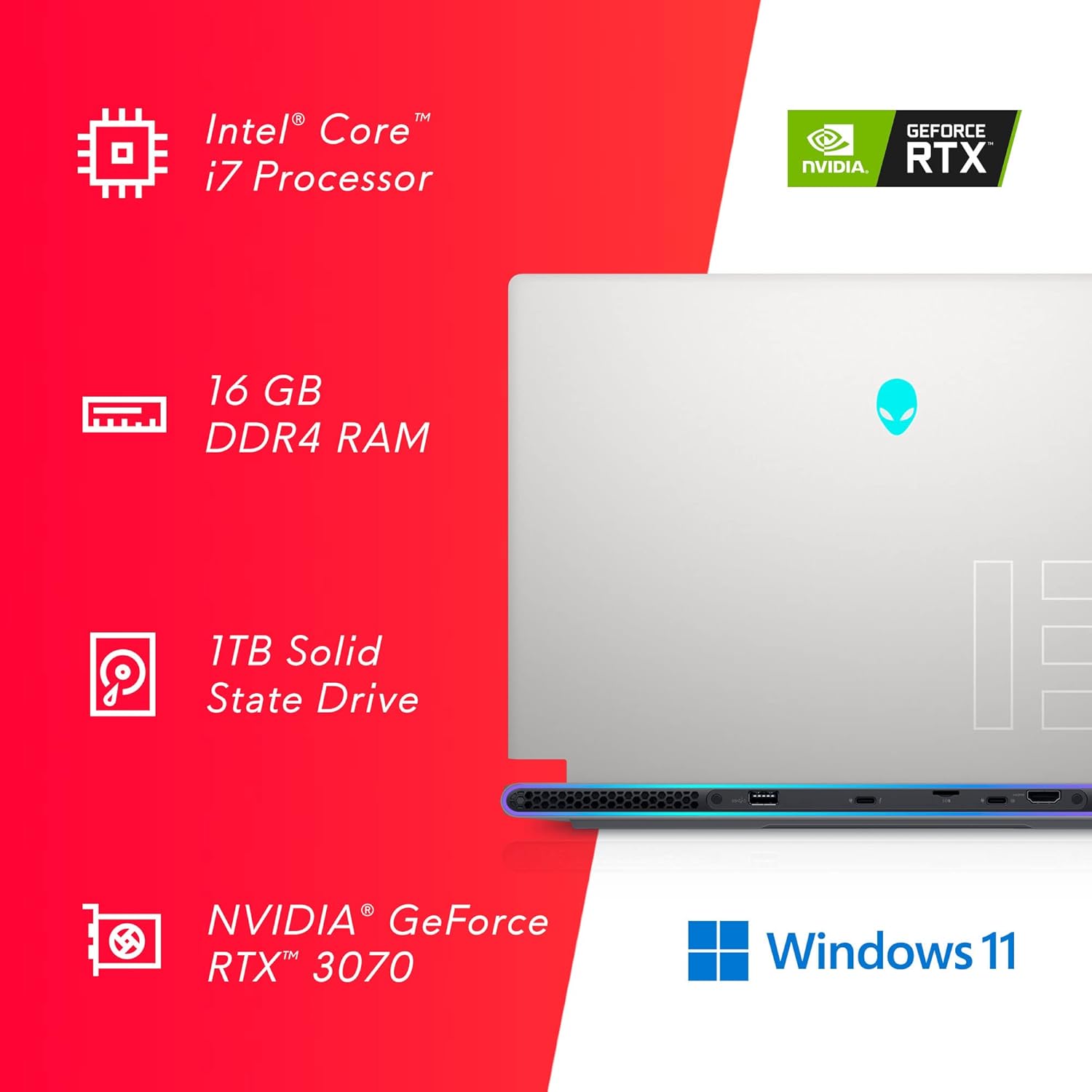 Alienware X15R1 Gaming Laptop - 15.6-inch FHD (1920x1080) 360Hz 1ms Display, Intel Core i7-11800H Processor, 16GB DDR4 RAM, 1TB SSD, NVIDIA GeForce RTX 3070 DDR6 Graphics, Windows 11 Home- Lunar Light
