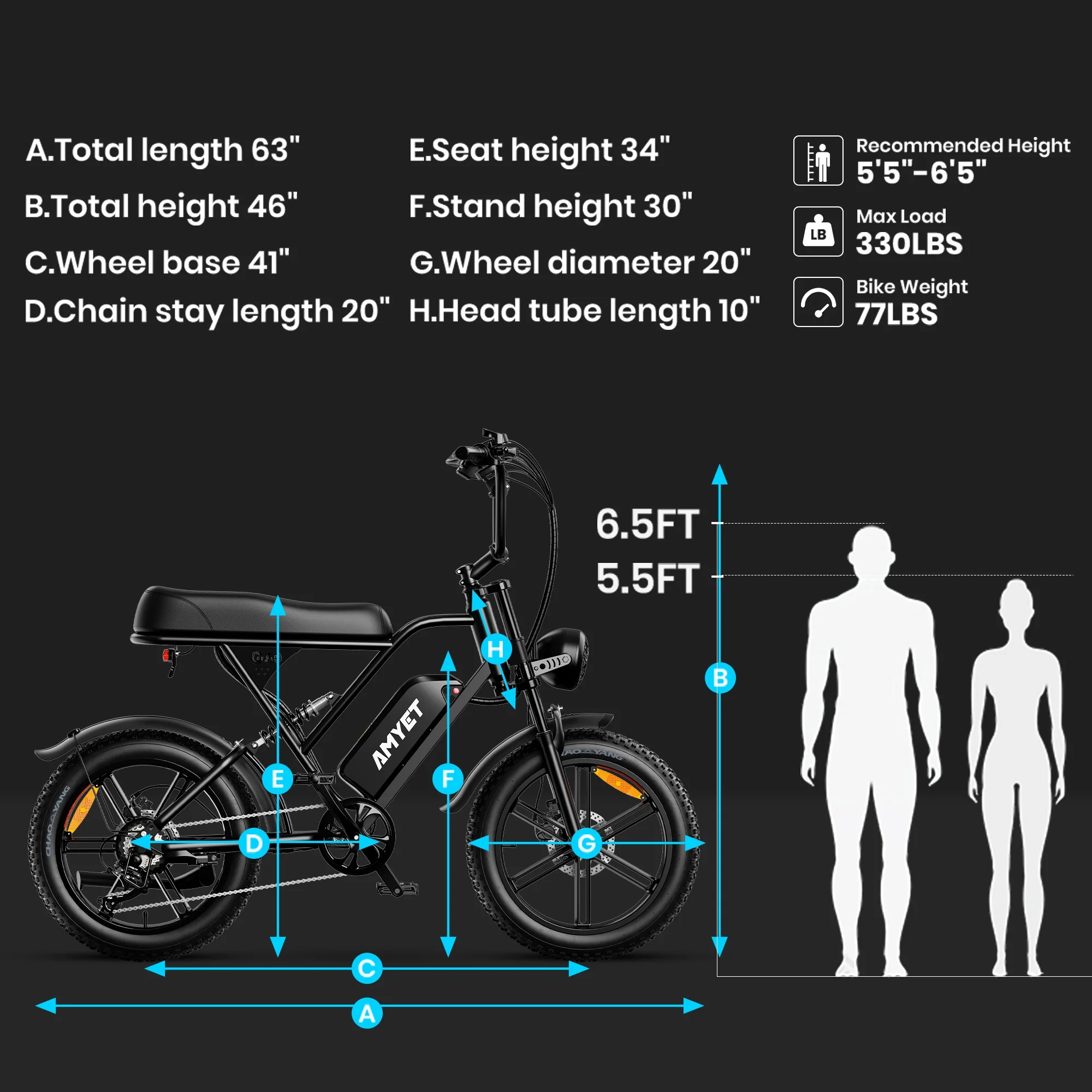 AMYET G60 Electric Bike for Adults,750W Ebike with 48V20Ah Removable Battery,20MPH &70 Miles 7 Speed Gears,20" Fat Tire Electric Bike,Dual Shock Absorber,Adults Electric Bicycle for Men
