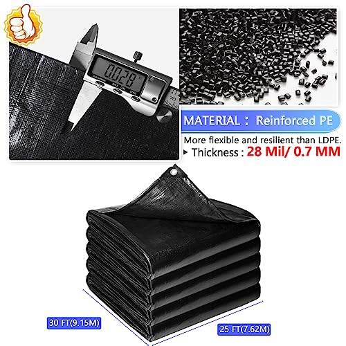 Reinforced PE Pond Liner 25 x 25 FT, 28 Mil Sun Resistant Preformed Pond Liner, Hemmed Edge with Buttonholes Liner for Outdoor Large Ponds, Fish/KOI/Duck Pond, Garden Waterfall, Waterscape, Black