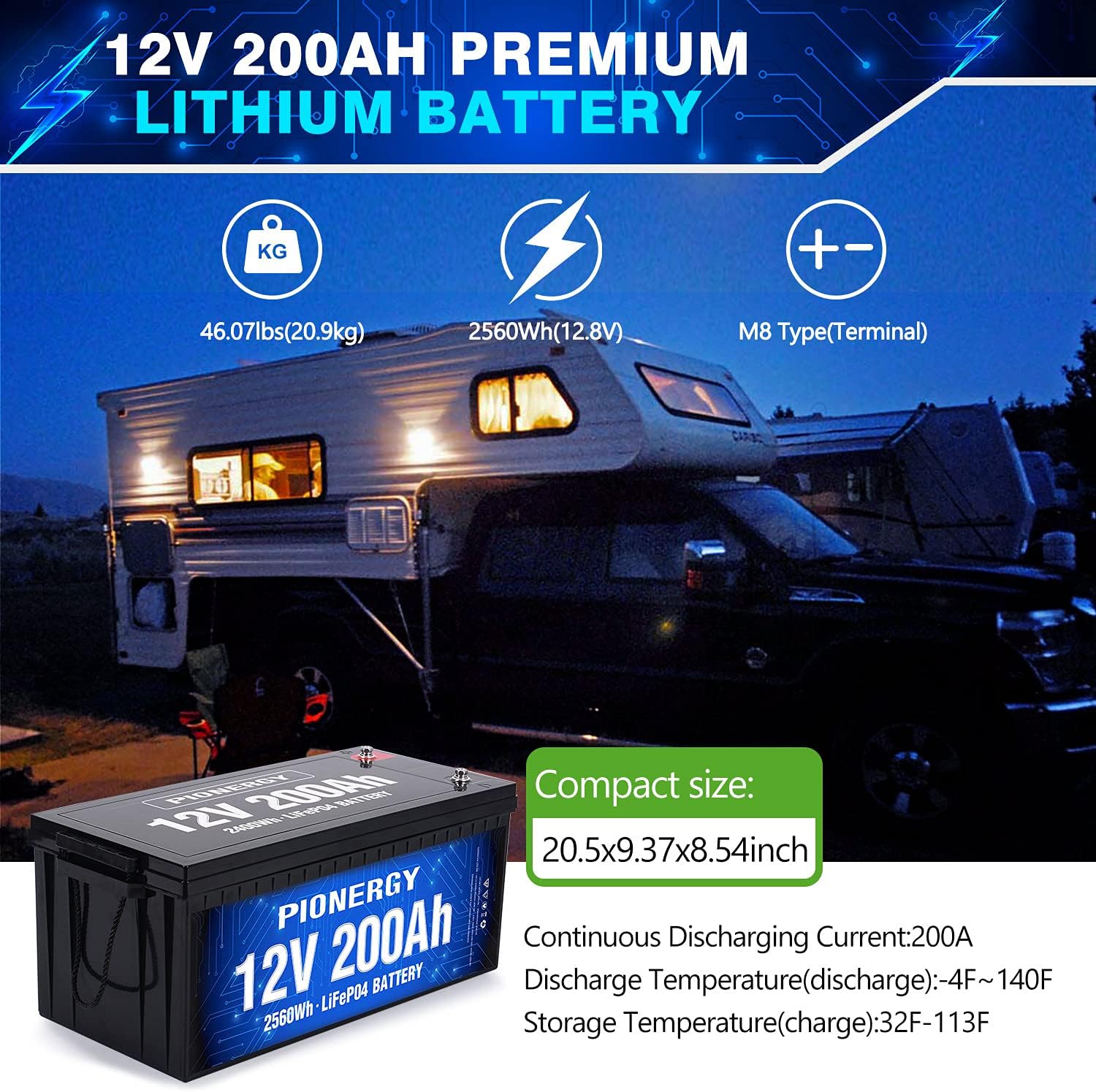 PIONERGY 12V 100Ah Lifepo4 Lithium Battery,12 Volt Lithium Battery with 100A BMS 1280Wh,100Ah 12V Lifepo4 Battery Perfect for RV,Solar, Marine,Off-Grid Applications