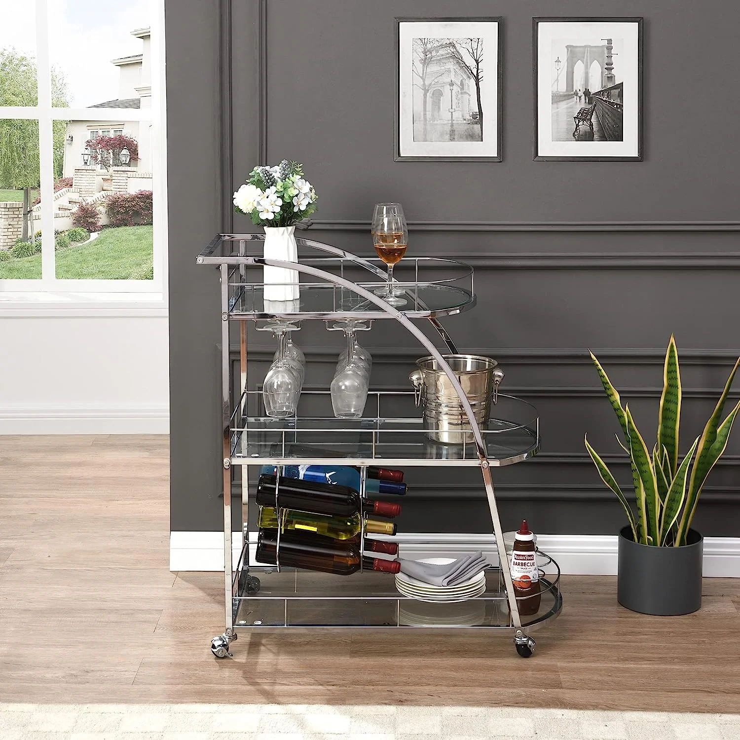 Industrial Mobile Bar Cart Serving Wine Cart with Wheels & Wine Rack, 3-Tier Metal Frame Kitchen Island Cart Mini Bar Cabinet Bar Carts for The Home, Club, Kitchen, Living Room(Gold)