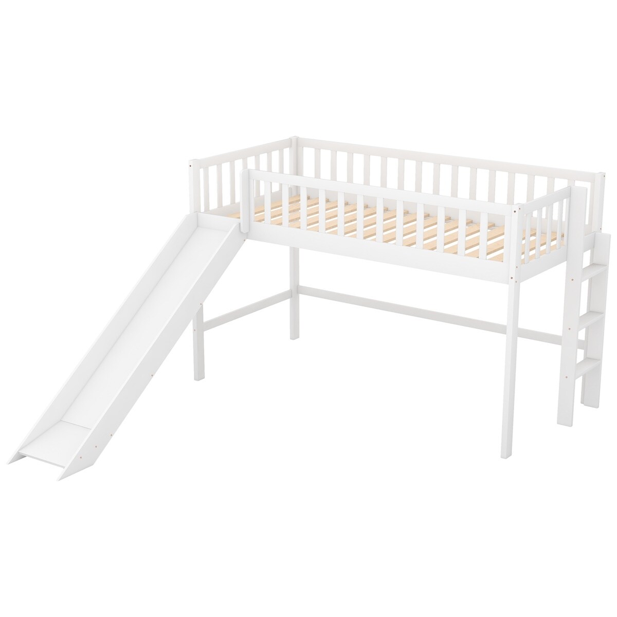MERAX  Wooden Low Loft Bed with Slide and Ladder for Kids White