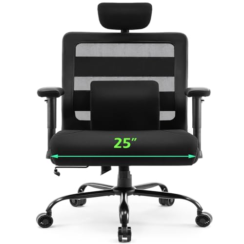 Extra Wide Seat Office Chair 500lbs Big and Tall Heavy Duty Ergonomic Mesh High Back Desk Chair with Adjustable Headrest, Lumbar Support, Arms for Home & Office