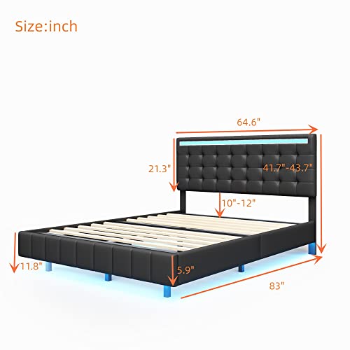 Queen Size Floating Bed Frame with LED Lights and USB Charging,Modern Upholstered Platform LED Bed Frame Queen led Bed Frame (Black)