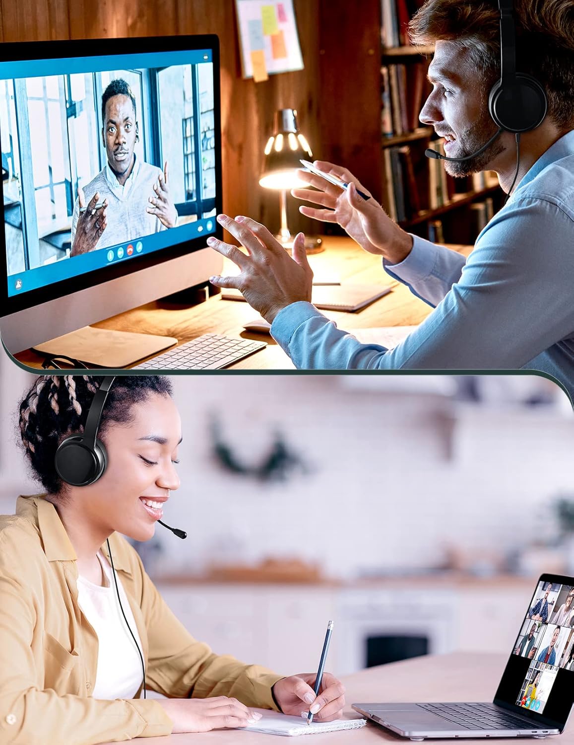 USB Headset with Microphone, 3.5mm Computer Headset with Noise Canceling&Volume Control, USB Headphones for PC, Lightweight Business Headset with Easy Mute for Zoom VoIP Skype Conference Home Office Pack of 2
