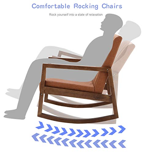 CIMOTA Leather Modern Rocking Chair Mid Century Armchair Upholstered Arm Chair with Padded Seat/Wood Frame, Comfy Rocker for Living Room/Bedroom, Retro Dark Brown PU