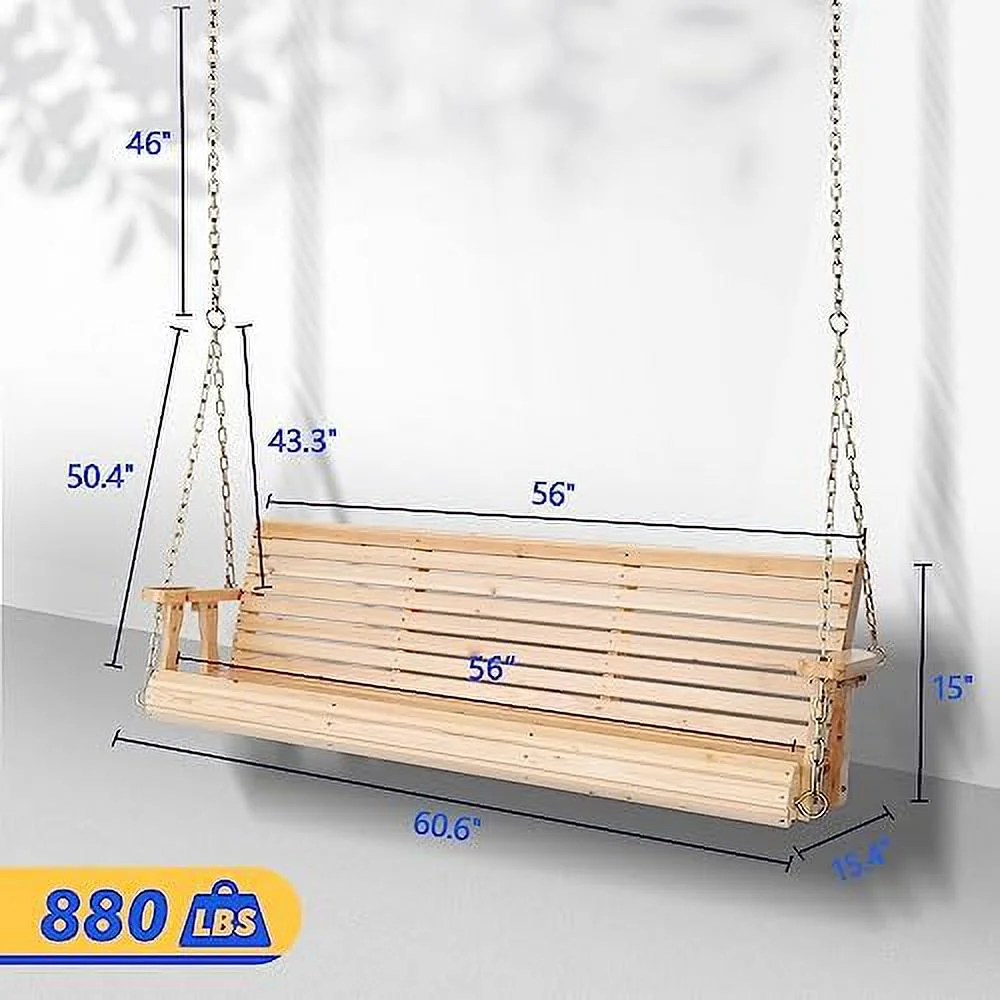 SQSFCB Upgraded Patio Wooden Porch Swing for Courtyard &amp; Garden  Heavy Duty 880 LBS Swing Chair Bench with Hanging Chains for Outdoors (5 FT  White) - Curated Treasures Market