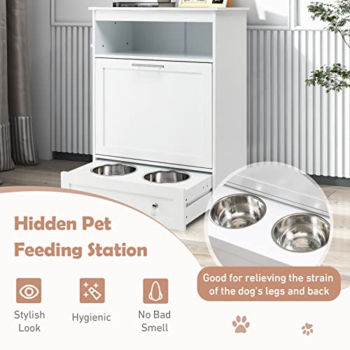Dog Feeding Station Dog Food Storage Cabinet with 2 Raised Dog Bowls, Dog Food Storage Container, Pull Out Elevated Dog Bowls for Water and Feeding Supplies, Pet Toy Storage Organizer,White