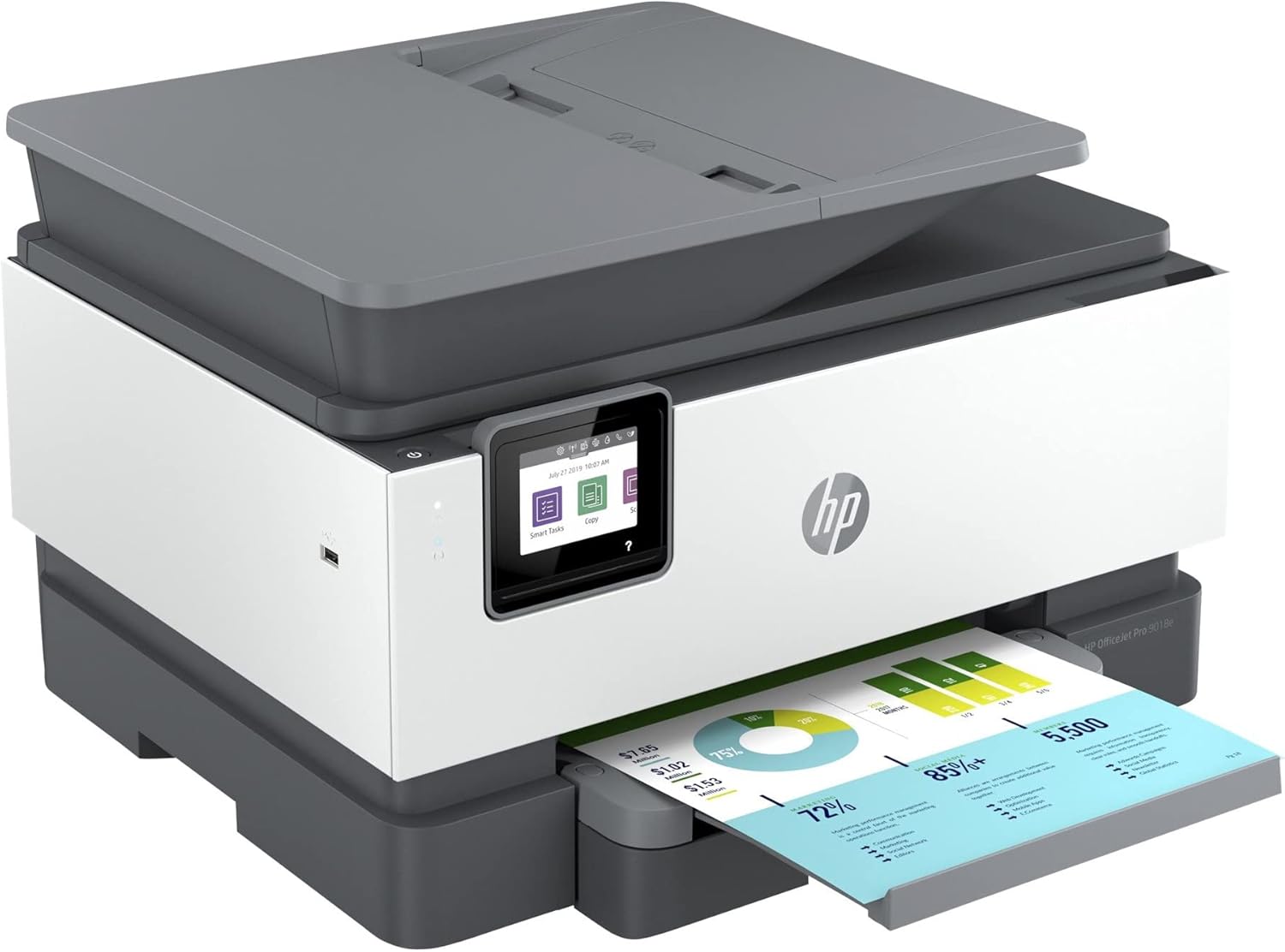 HP OfficeJet Pro 90 18e All-in-One Wireless Color Inkjet Printer, Gray - Print Scan Copy Fax - Instant Ink Ready, 22 ppm, 4800 x 1200 dpi, 512MB Memory, 35-Sheet ADF, Ethernet, Cbmou External Webcam