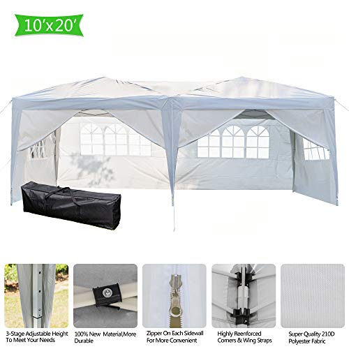 10x20 White Pop Up Canopy Tent Heavy Duty with 6 sidewalls Commercial Outdoor Party Tent Event Wedding Tents Instant Canopy Gazebo with Carry Bag UPF 50+ Waterproof Adjustable Height