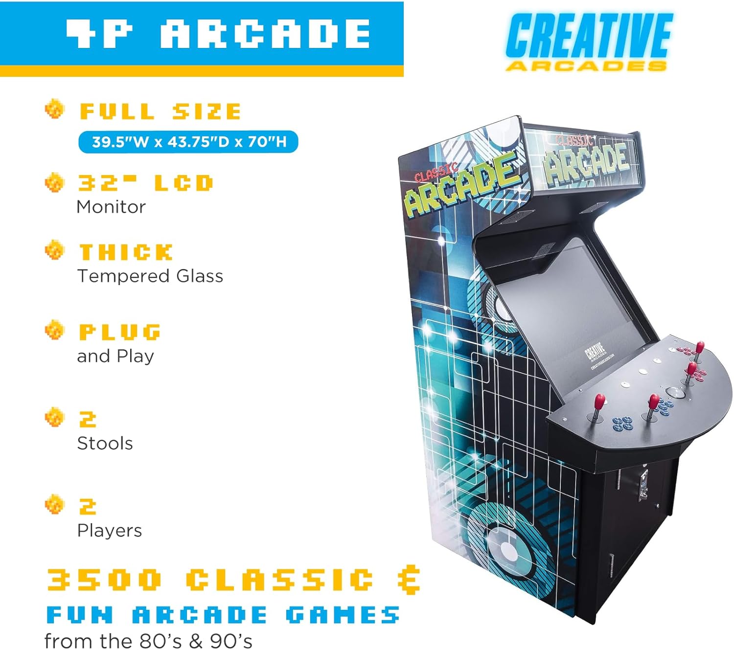 Creative Arcades Full Size Stand-Up Commercial Grade Arcade Machine | 4 Player | 3500 Games | 32" LCD Screen | 4 Sanwa Joysticks | Trackball | 2 Stools Included | 3 Year Warranty