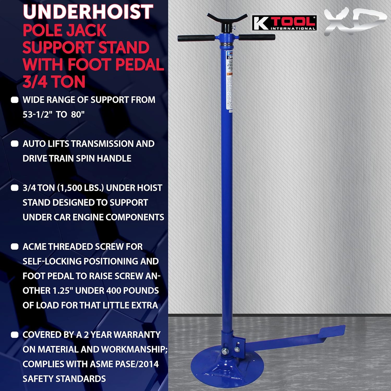 K Tool International XD Underhoist Pole Jack Support Stand with Foot Pedal 3/4 Ton, Range 53 1/2" to 80" Auto Lifts Transmission and Drive Train Spin Handle KTIXD61077