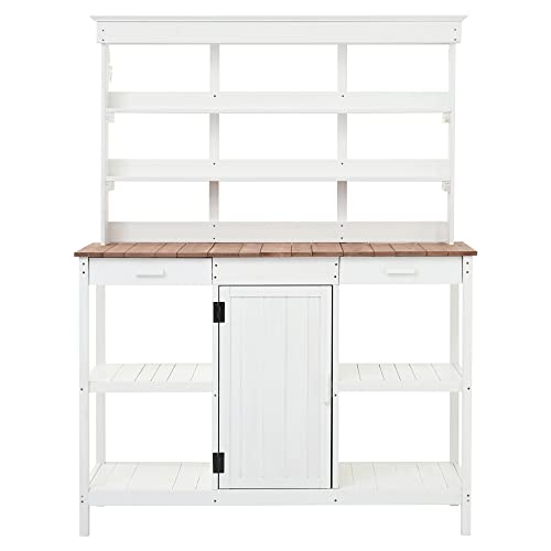 Outdoor Wooden Potting Bench Table – Farmhouse Garden Workstation with Drawers, Cabinet & Storage Shelves, Large Fir Wood Work Table for Patio, Backyard, Mudroom, Greenhouse (Light Brown, 66''H)