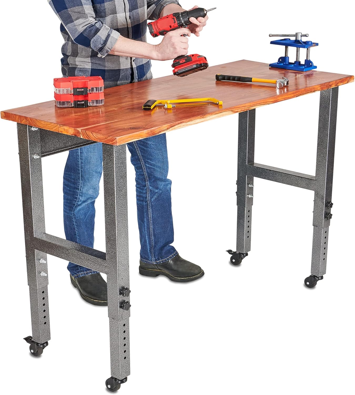 Fedmax Work Bench - 61-inch x 28 to 44-inch Acacia Wood Garage Work Table with Caster Wheels and Adjustable Height Legs - Tool Benches for Home Improvement