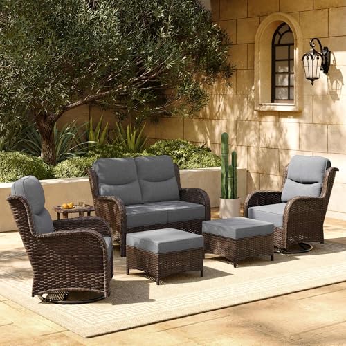 Luxury Patio Furniture Set with 6-inch Thick Cushion, Outdoor Couch and High Back Swivel Rocker Patio Chairs, 7PCS Wicker Conversation Set for Deck, Yard, and Poolside in Blue (V2)