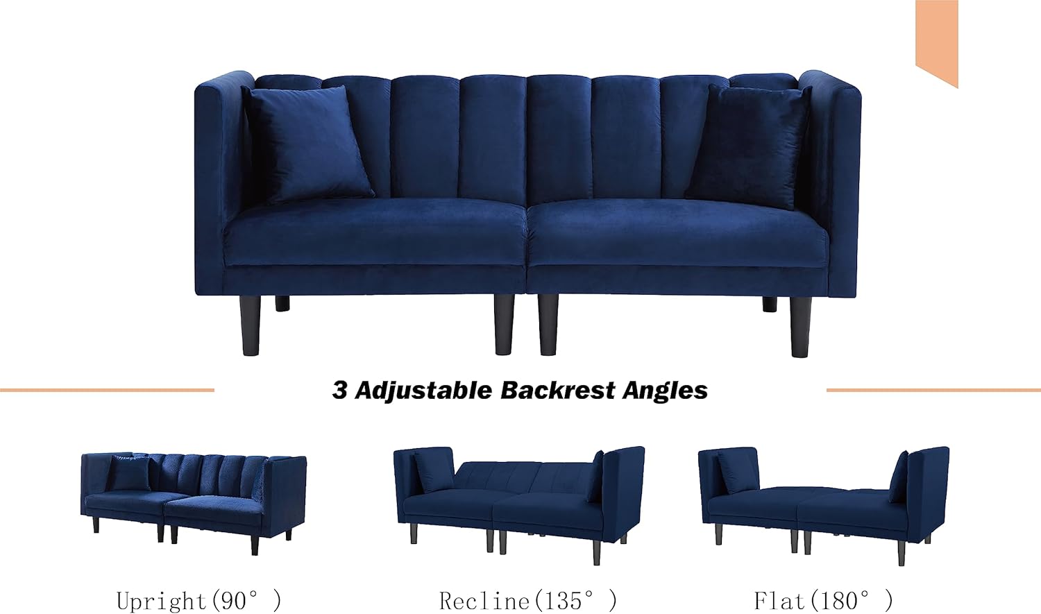 73.2" Tufted Split Back Futon Bed, Velvet Upholstered Convertible Loveseat Sleeper Armrest, Folding Reclining Small Love Seat Sofa & Couches for Living Room, Navy Blue
