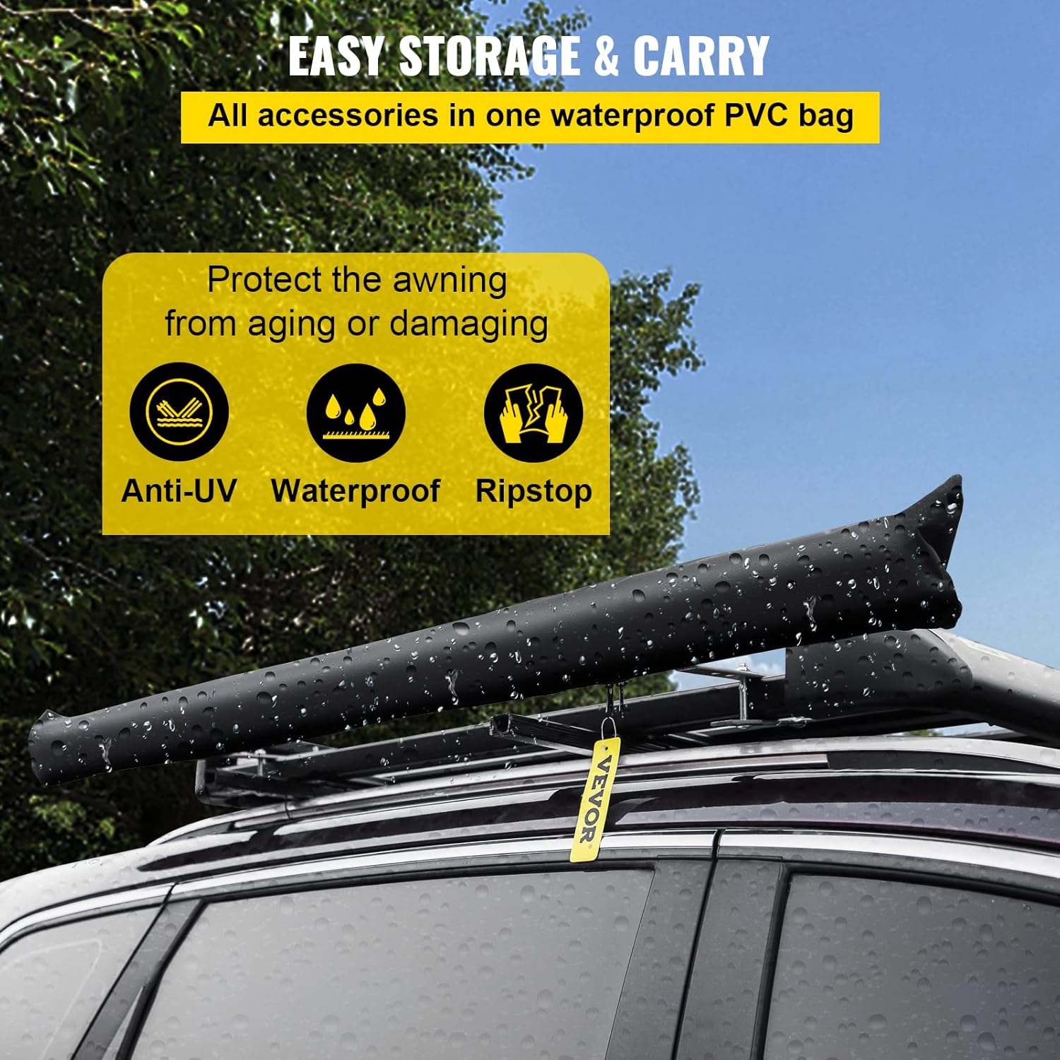 VEVOR Car Side Awning, 4.6'x6.6', Pull-Out Retractable Vehicle Awning Waterproof UV50+, Telescoping Poles Trailer Sunshade Rooftop Tent w/ Carry Bag for Jeep/SUV/Truck/Van Outdoor Camping Travel, Grey
