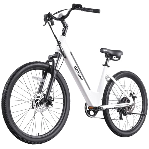 Gotrax Dolphin 26" Electric Bike, Max Range 30Miles(Pedal-assist1) & 20Mph Power by Peak 500W, 5 Pedal-Assist Levels & Front Suspension, 7-Speed&Boost Mode, City E-Bike for Adult, Step-Thru Bicycle