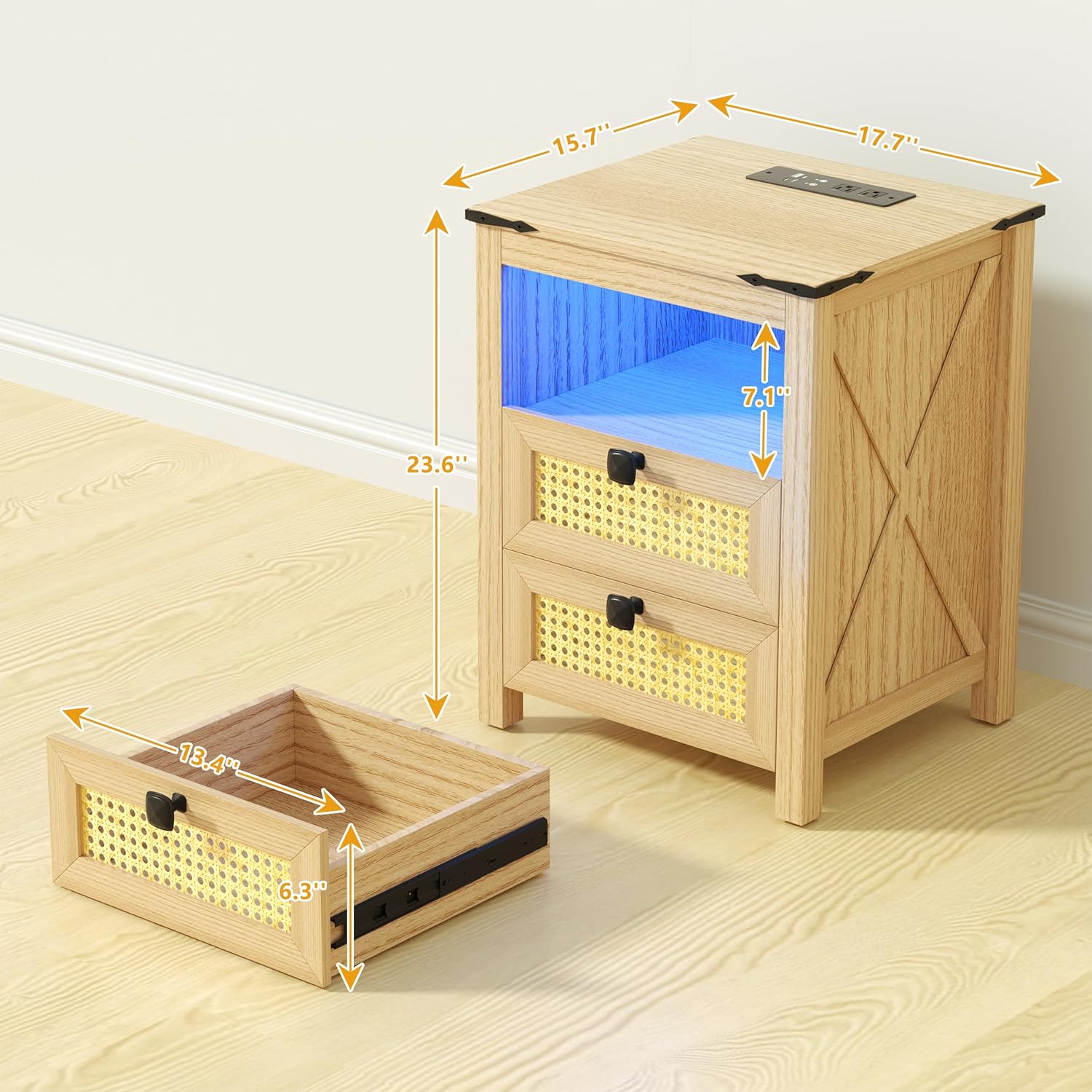 Modern Nightstand Set of 2, Nightstand with Charging Station, LED Night Stand with Rattan Drawers, Side End Table with Human Sensor Light, Bedside Table for Bedroom, Natural Wood (2PCS)