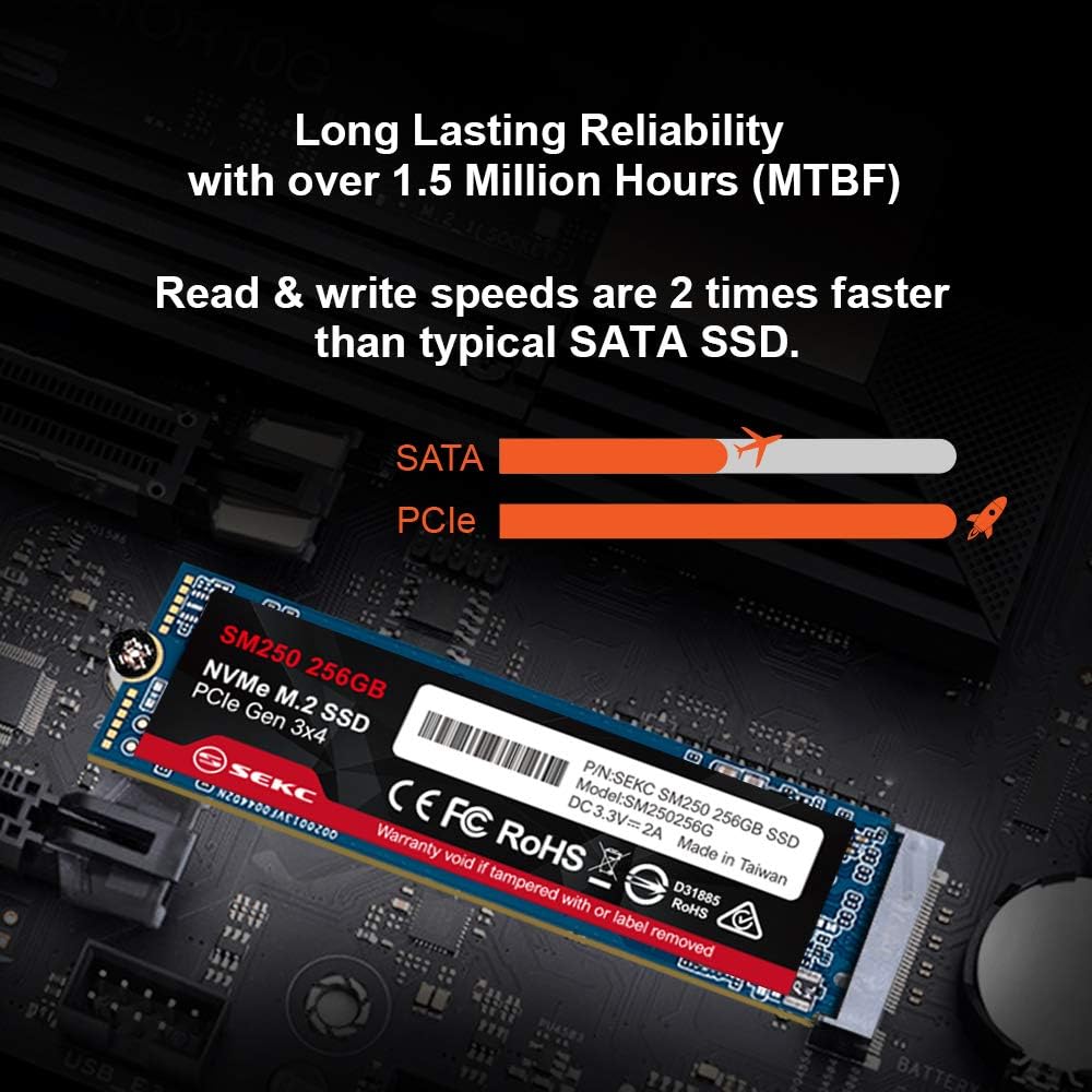 SEKC SM250256G 256GB NVMe M.2 2280 PCIe Gen 3x4, Solid State Drive R/W CDM Up to 1700/1000 MB/s, (Atto) Up to 3300/3100 MB/s, Internal SSD Pack of 2